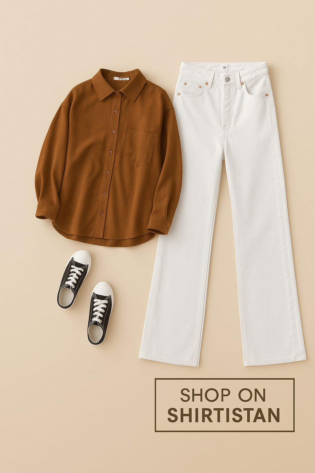 BROWN BUTTON SHIRT WITH WHITE JEANS