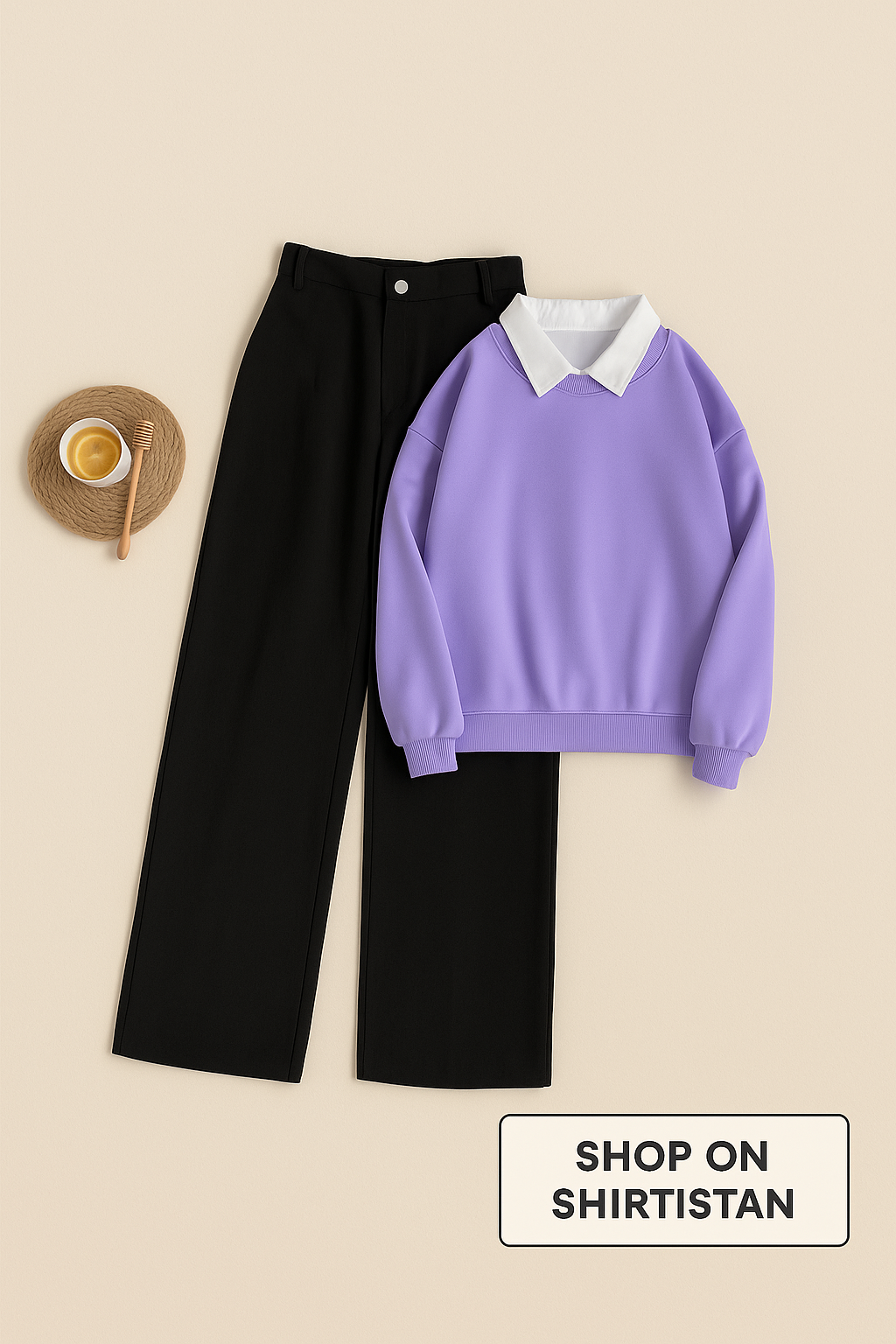 LILAC COLLAR SWEATSHIRT WITH BLACK WIDE LEG JEANS