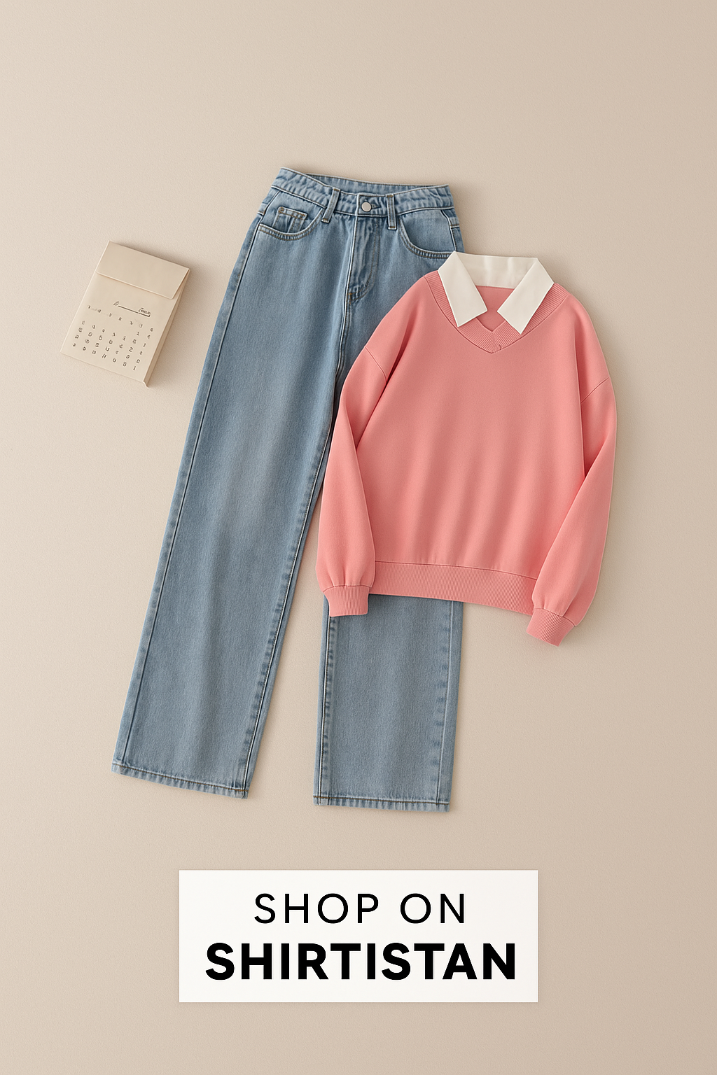 PINK COLLAR SWEATSHIRT WITH ICE BLUE JEANS