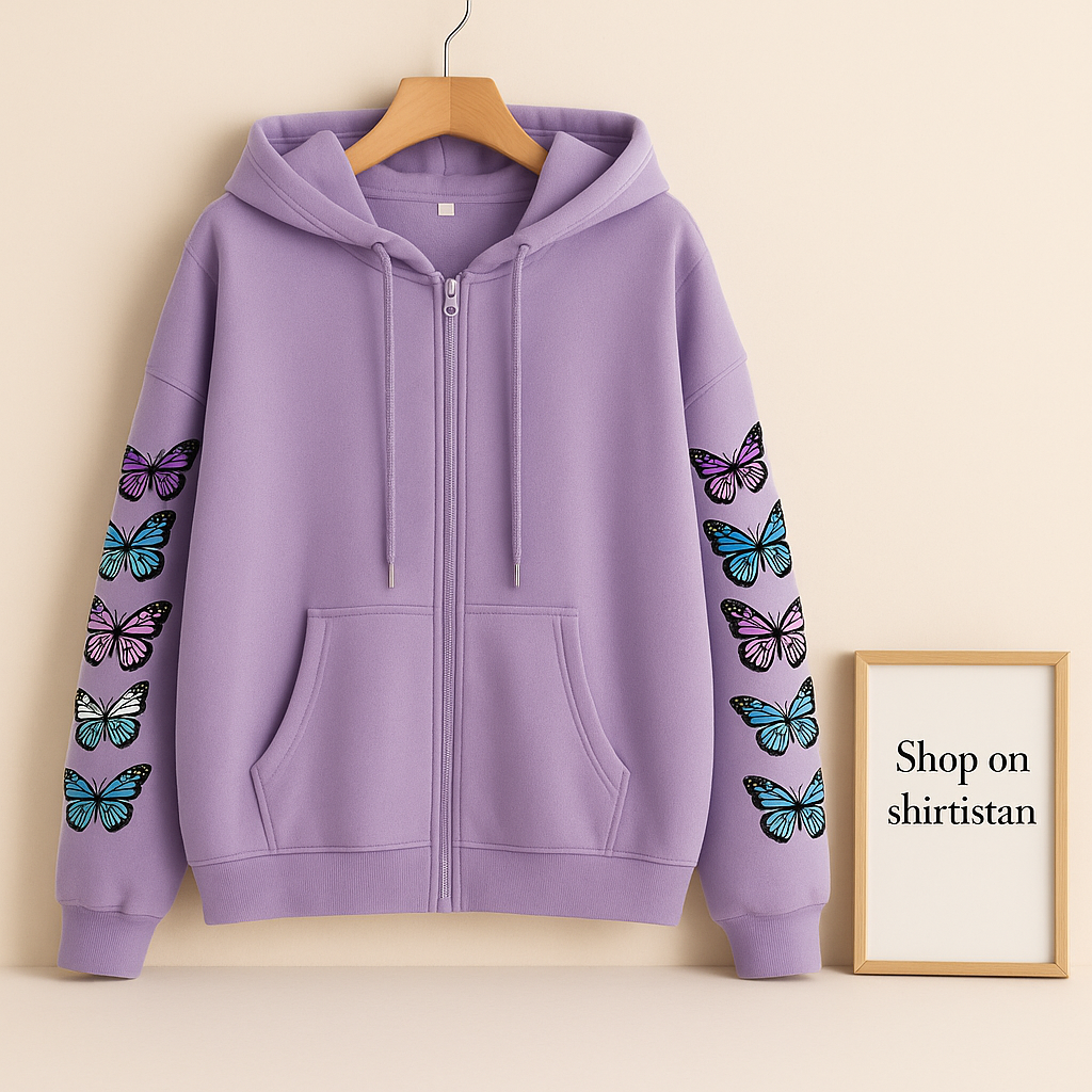 LILAC ZIPPER HOOD COLOURFUL BUTTERFLY LINE ON SLEEVE