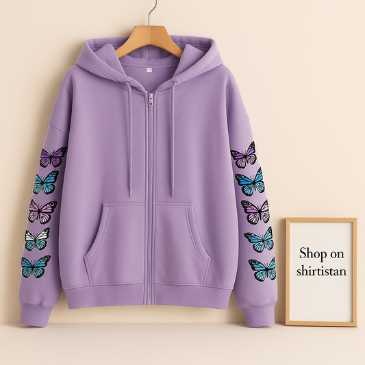LILAC ZIPPER HOOD COLOURFUL BUTTERFLY LINE ON SLEEVE
