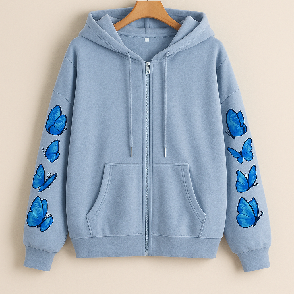 SKY BLUE ZIPPER HOOD BLUE BUTTERFLY LINE ON SLEEVES