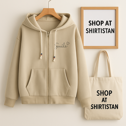 BEIGE ZIPPER HOOD SMILE HEART ON POCKET