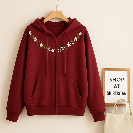 MAROON ZIPPER HOOD NECK FLOWER