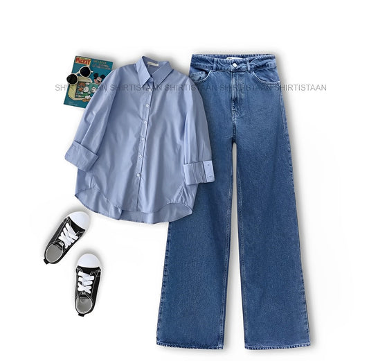SKY BLUE BUTTON SHIRT WITH MID BLUE WIDE LEG JEANS
