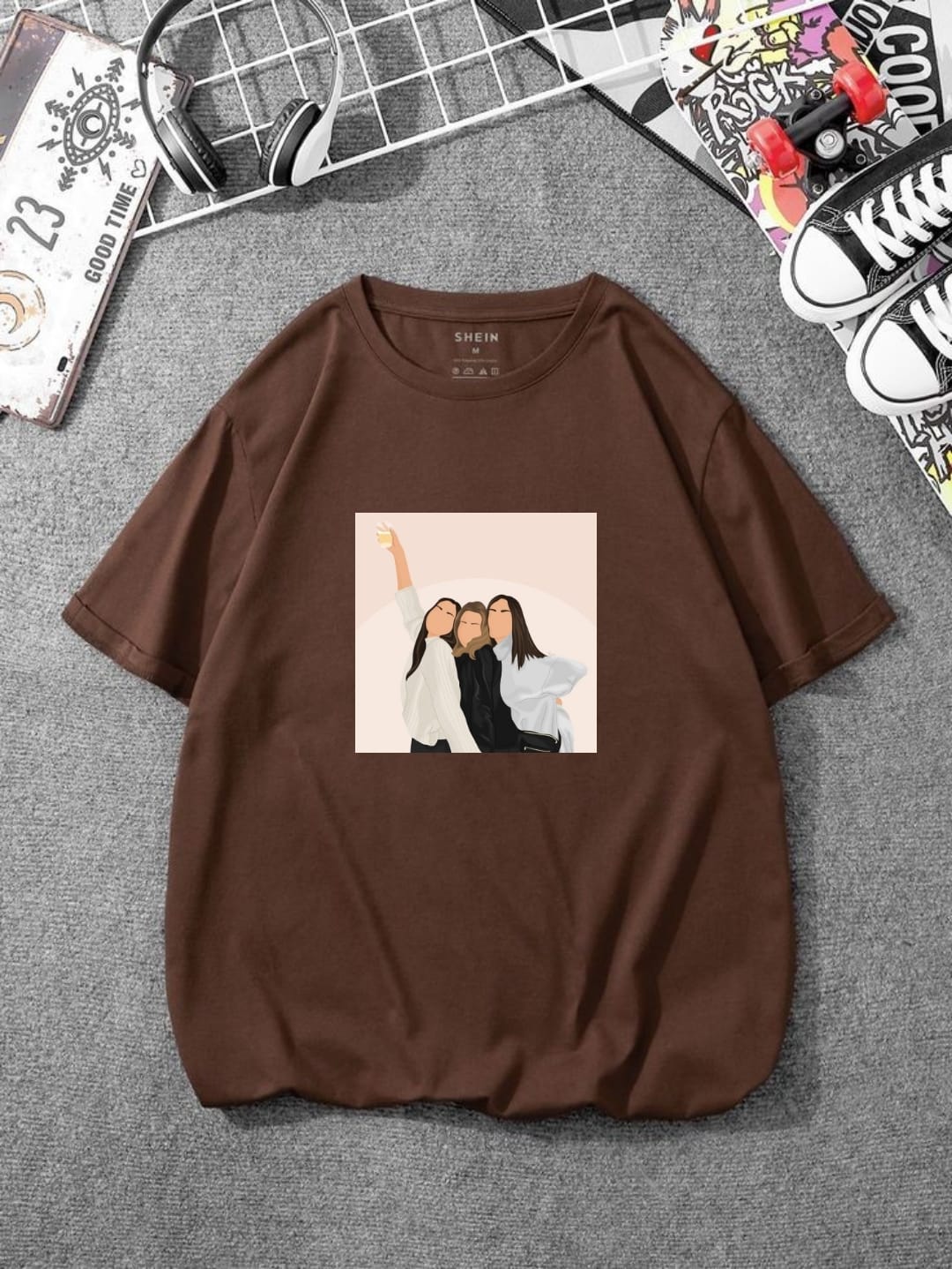 BROWN TSHIRT WITH 3 GIRLS PRINT