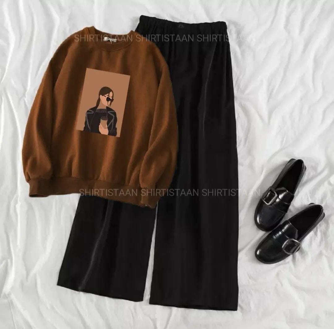 BROWN SWEATSHIRT COFEE GIRL WITH FLAPPER TROUSER