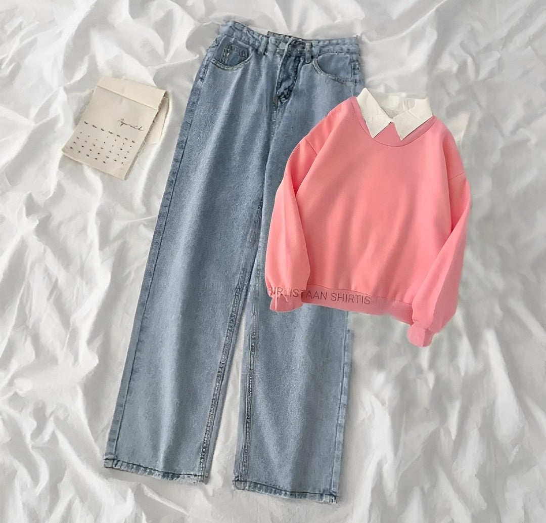 PINK COLLAR SWEATSHIRT WITH ICE BLUE JEANS