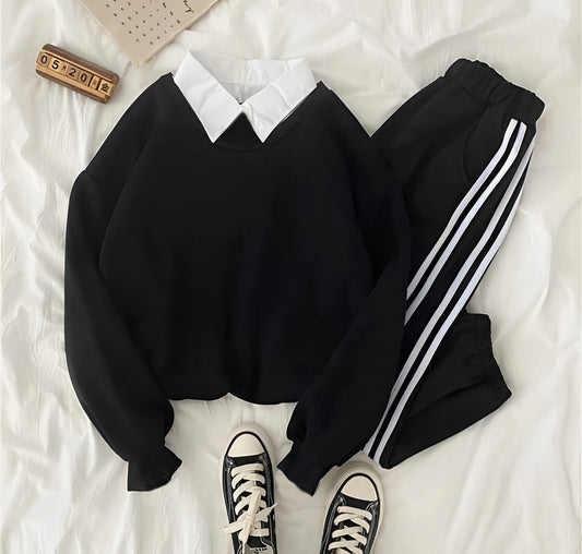 BLACK COLLAR SWEATSHIRT WITH 3 STRIPES TROUSER