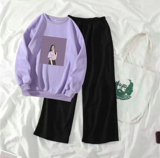 LILAC SWEATSHIRT PURPLE BACKGROUND GIRL WITH FLAPPER TROUSER