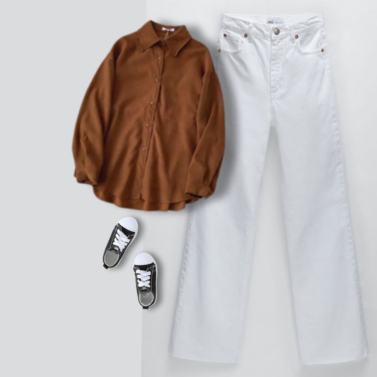 BROWN BUTTON SHIRT WITH WHITE JEANS