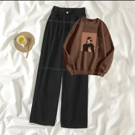 COFFE GIRL BROWN SWEATSHIRT WITH BLACK WIDE LEG