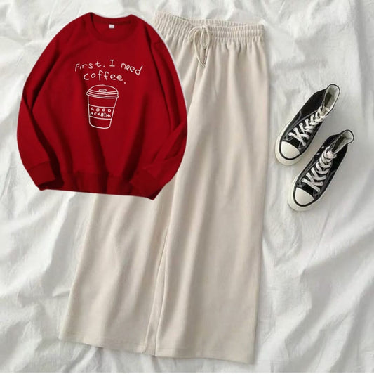 RED SWEATSHIRT FIRST I NEED COFEE WITH BEIGE FLAPPER