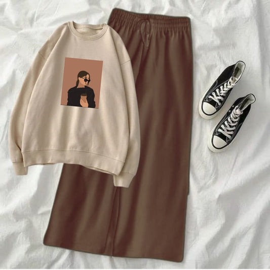 COFEE GIRL BEIGE SWEATSHIRT WITH BROWN FLAPPER