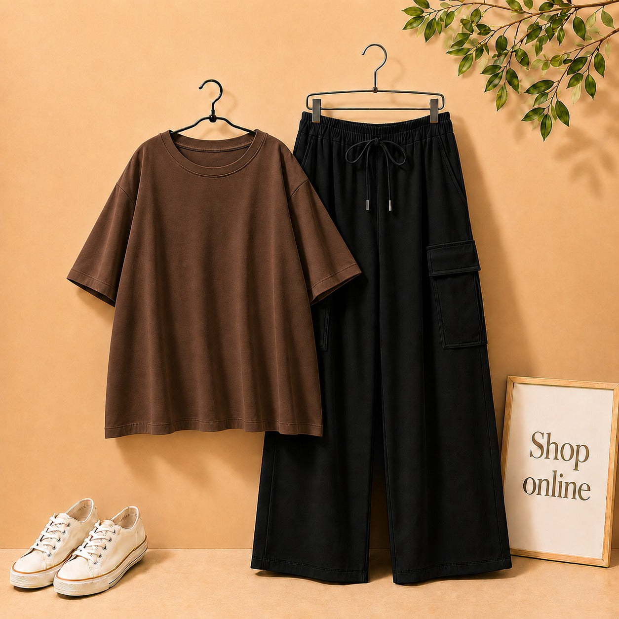 Brown Drop Shoulder Tee with Black Cargo Trouser