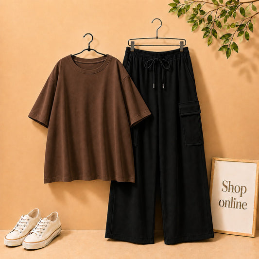 Brown Drop Shoulder Tee with Black Cargo Trouser