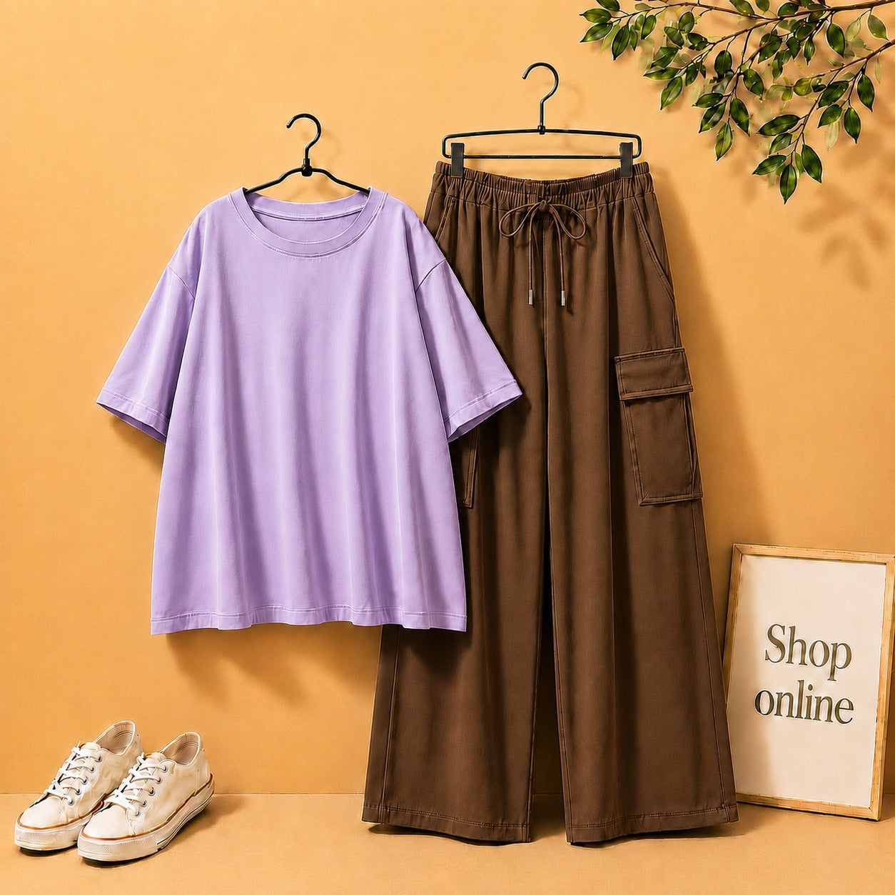Lilac Drop Shoulder Tee with Brown Cargo Trouser