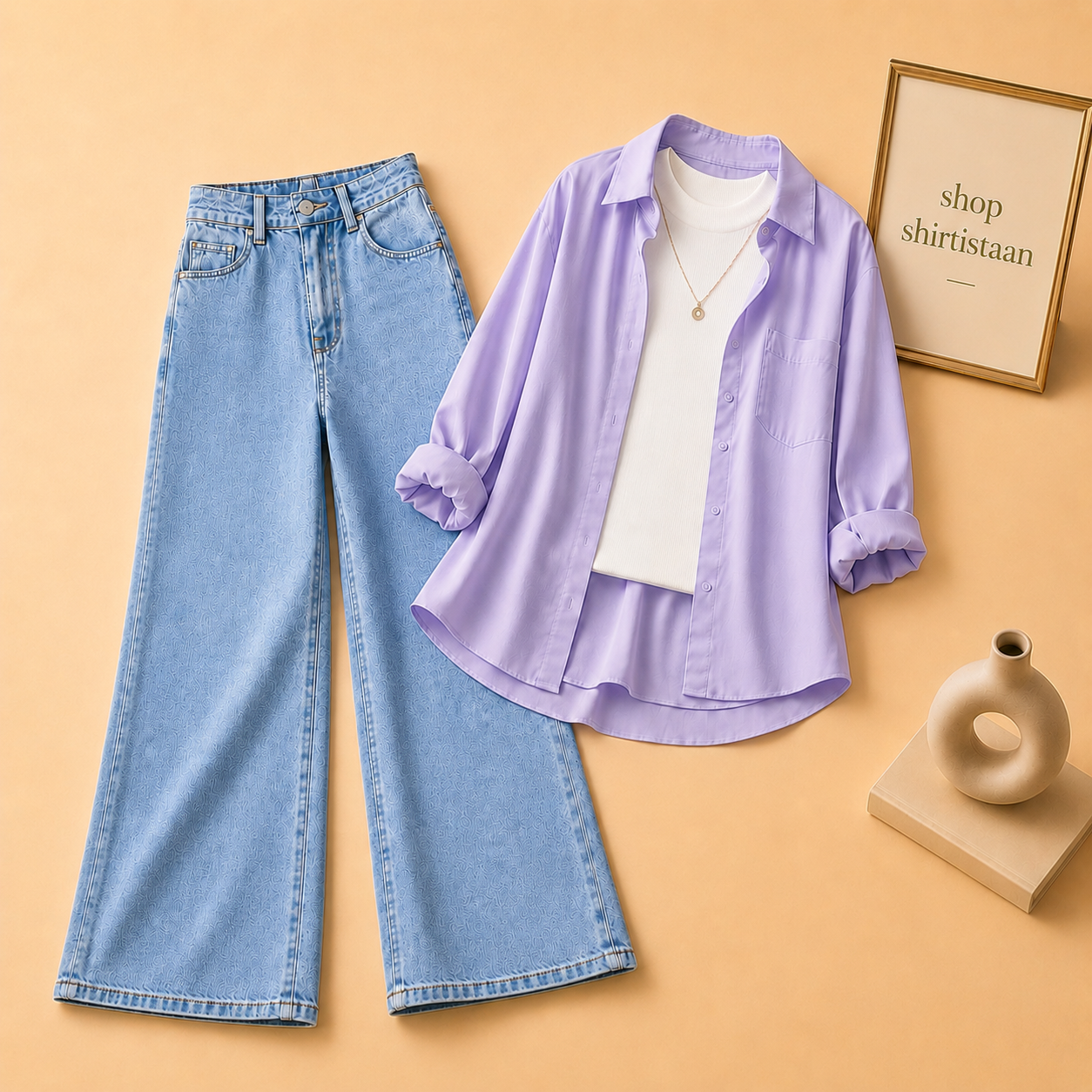 Lilac Button Down Shirt with White Tank top and Sky Blue Wide Leg Jeans