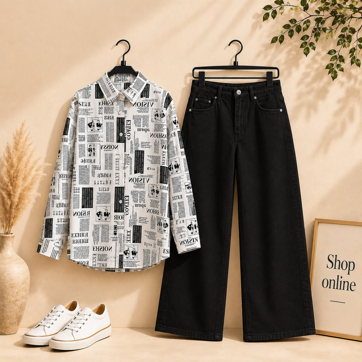 New Paper Button Down Shirt with Black Wide Leg Jeans