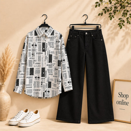 New Paper Button Down Shirt with Black Wide Leg Jeans