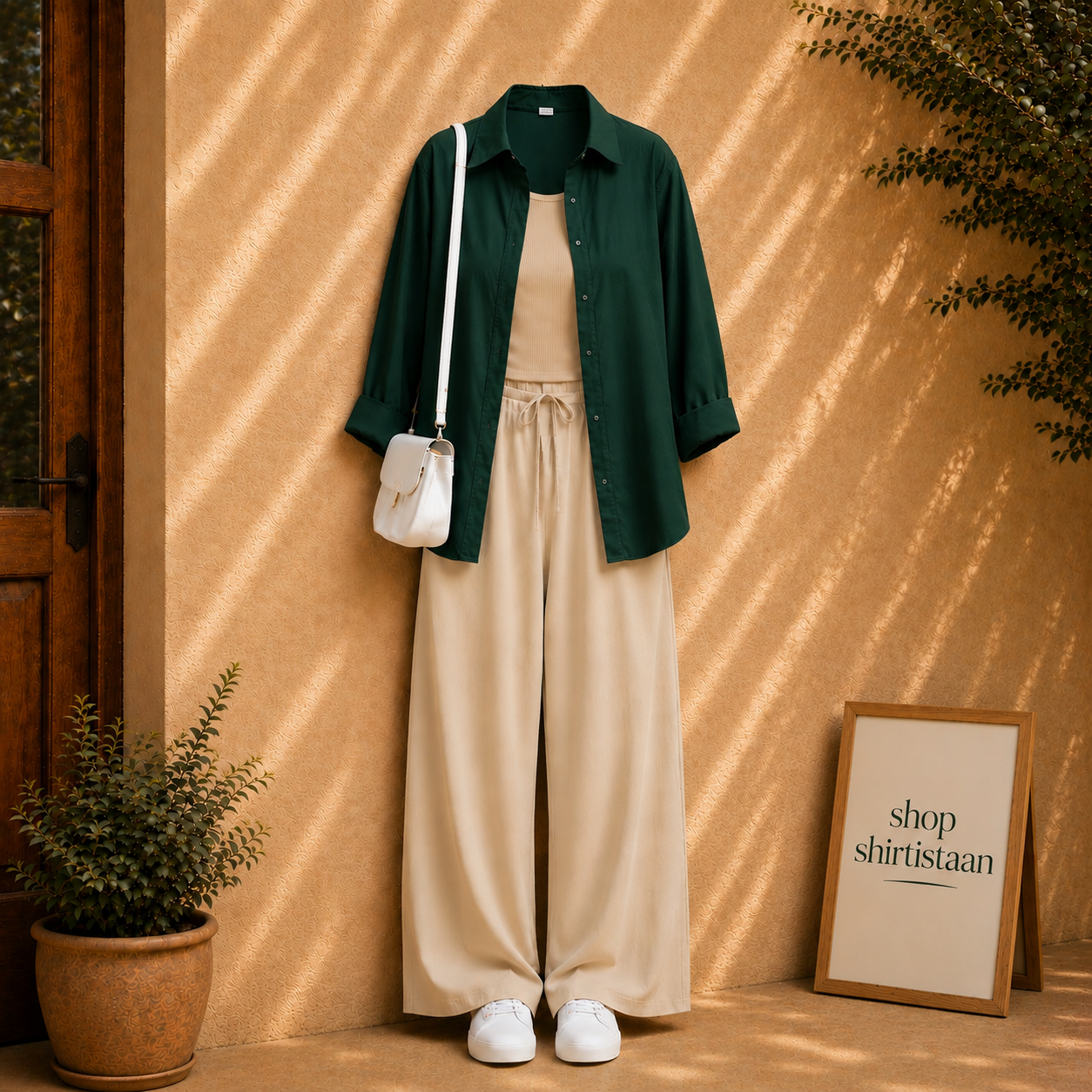Bottle Green Button Down Shirt With Beige  Tank top and Beige Flapper