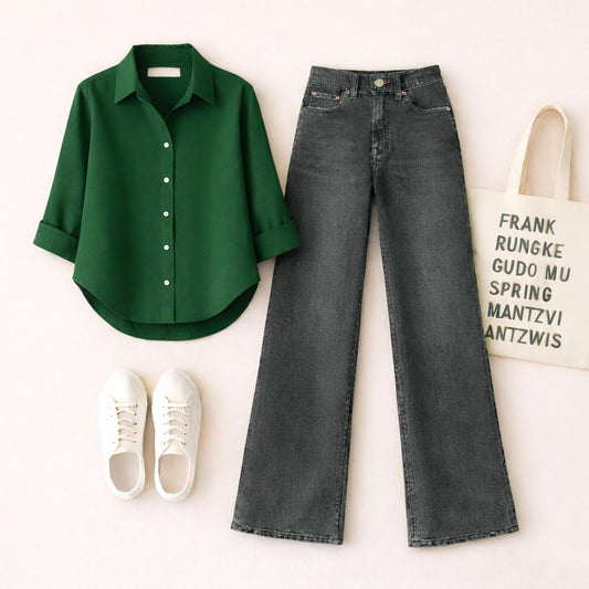 Bottle Green Button Down Shirt with Malaysia Black Wide Leg Jeans