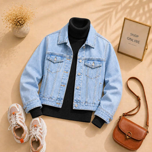 Sky Blue Denim Jacket With Black Ribknit High Neck
