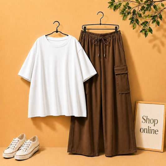 White Drop Shoulder Tee with Brown Cargo Trouser