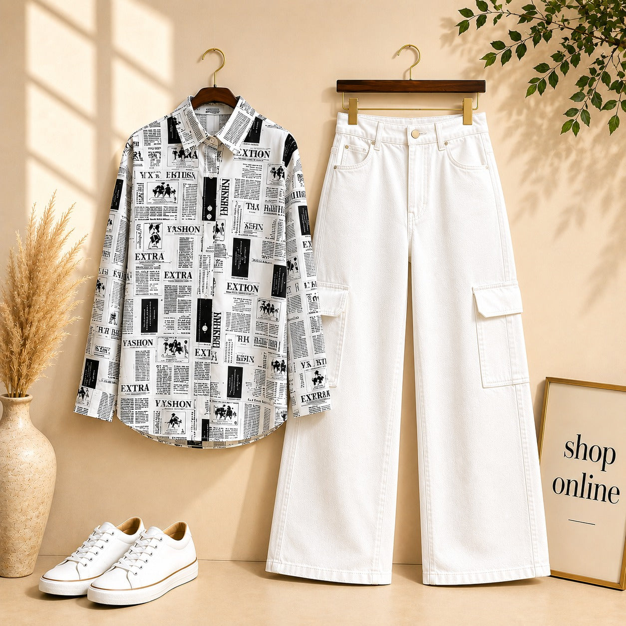 New Paper Button Down Shirt with White Wide Leg Cargo Jeans