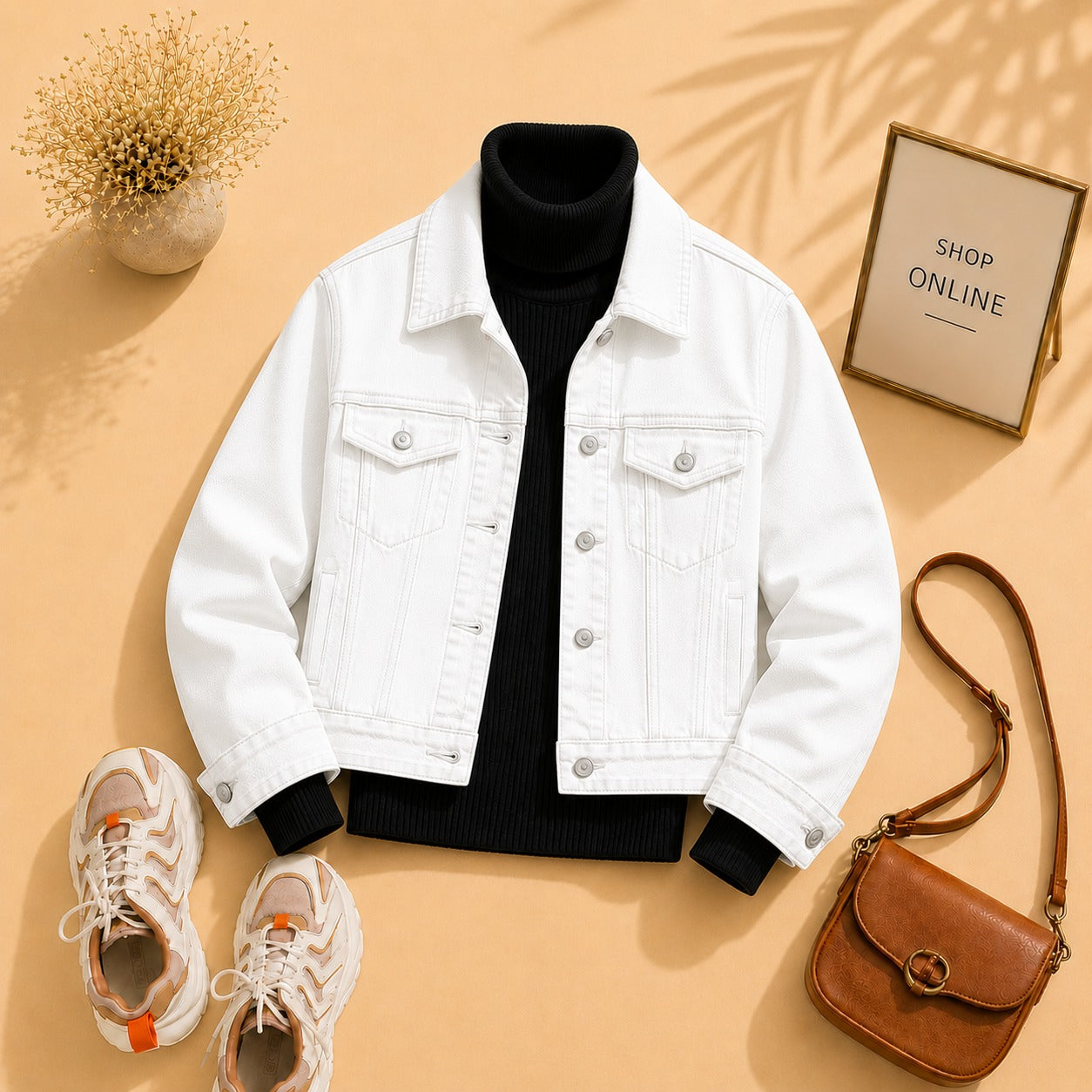 White Denim Jacket With Black Ribknit High Neck (Copy)