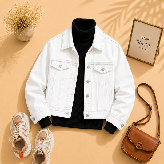White Denim Jacket With Black Ribknit High Neck (Copy)