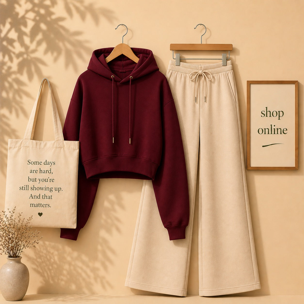 Basic Maroon Crop Hoodie with Beige Flapper
