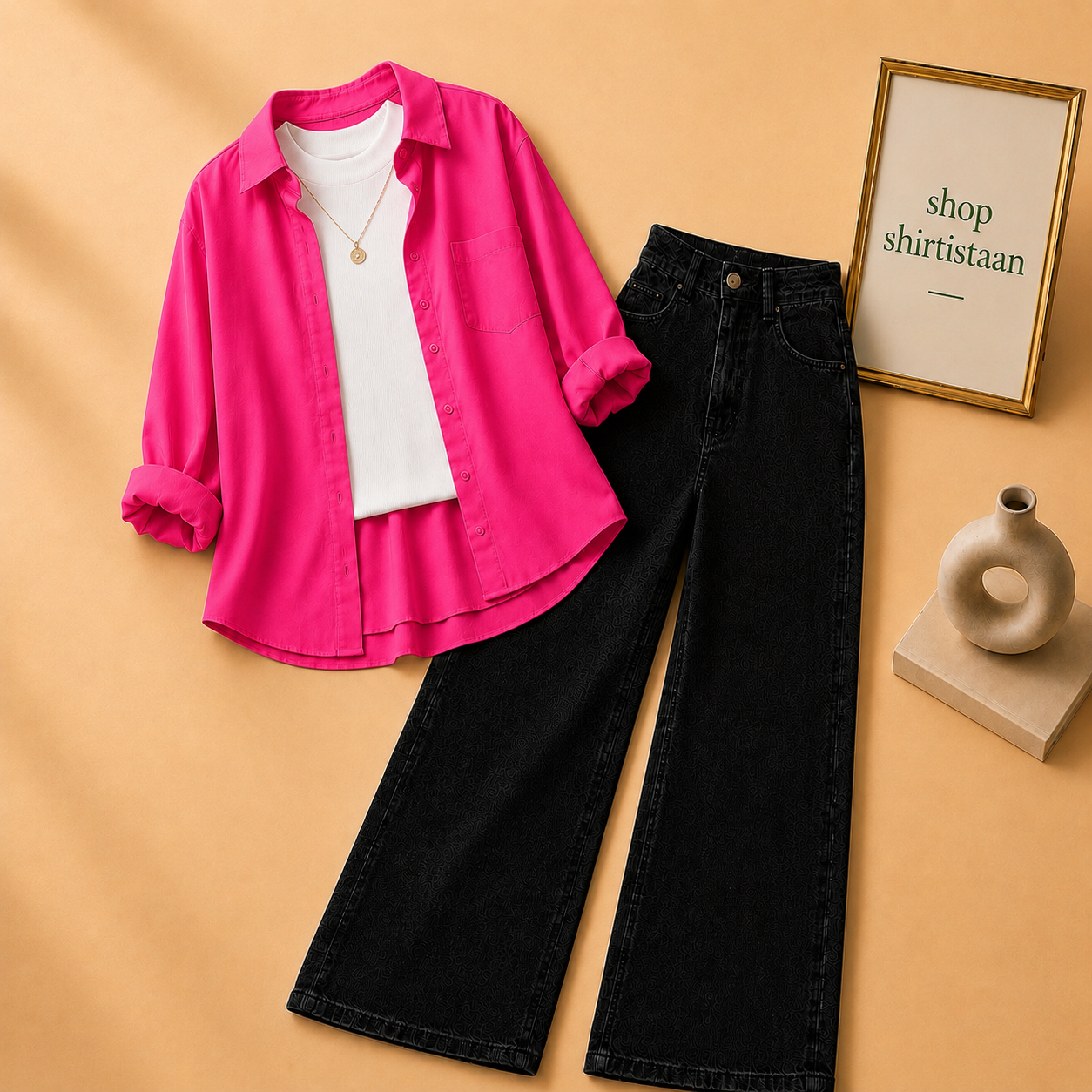 Hot Pink Button Down Shirt with White Tank top and Black  Wide Leg Jeans