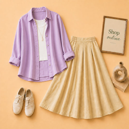 Lilac Button Down Shirt with White Tanktop & Beige Twill Skirt