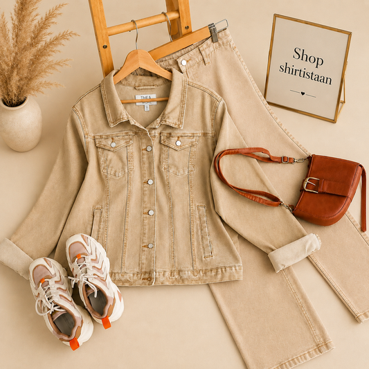 Basic Beige Denim Jacket with Beige Wide leg Jeans