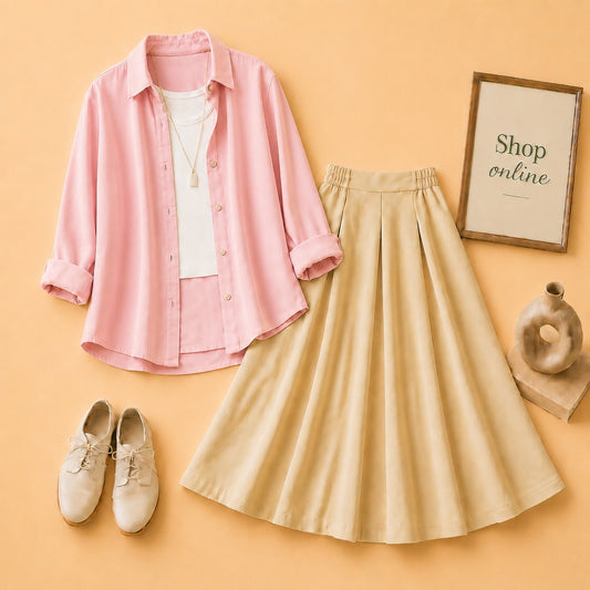 Pink Button Down Shirt with White Tanktop & Beige Twill Skirt