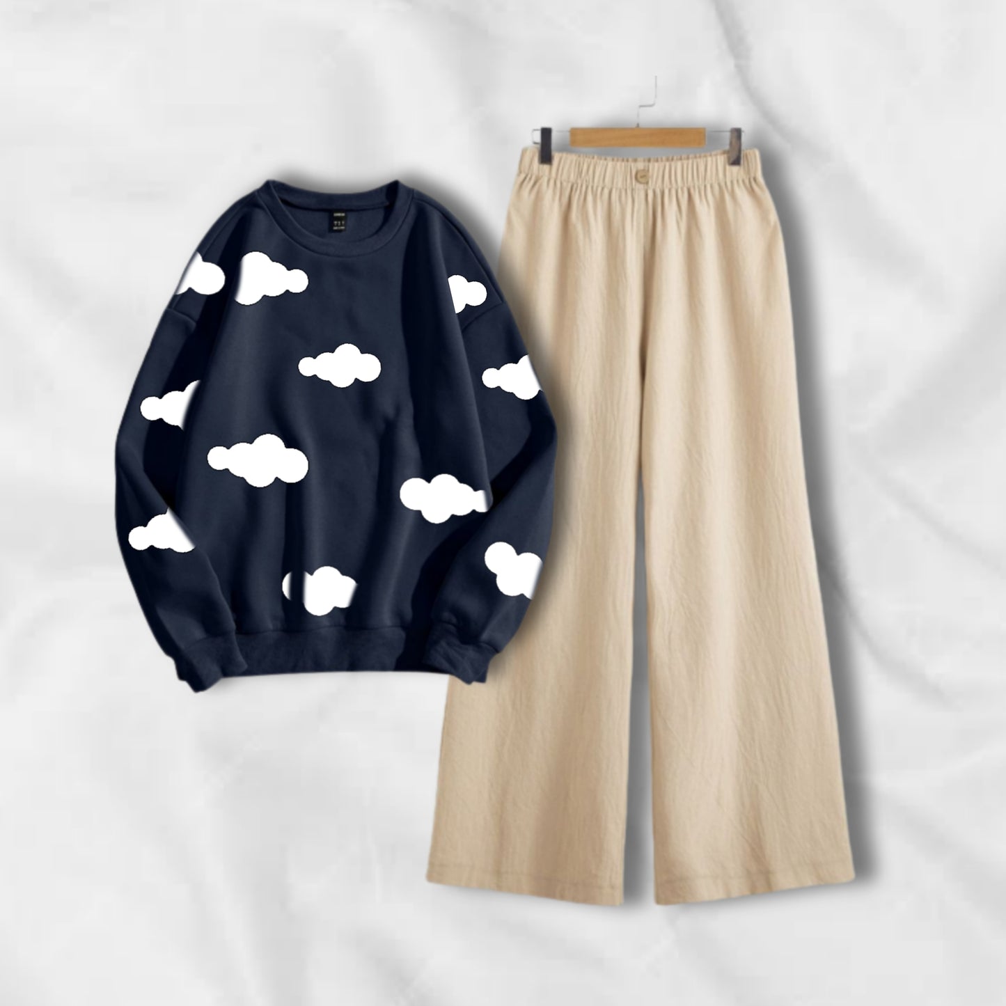 CLOUDS ALL OVER NAVY BLUE SWEATSHIRT WITH BEIGE FLAPPER