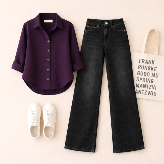 Purple Button Down Shirt with Black Wide Leg Jeans