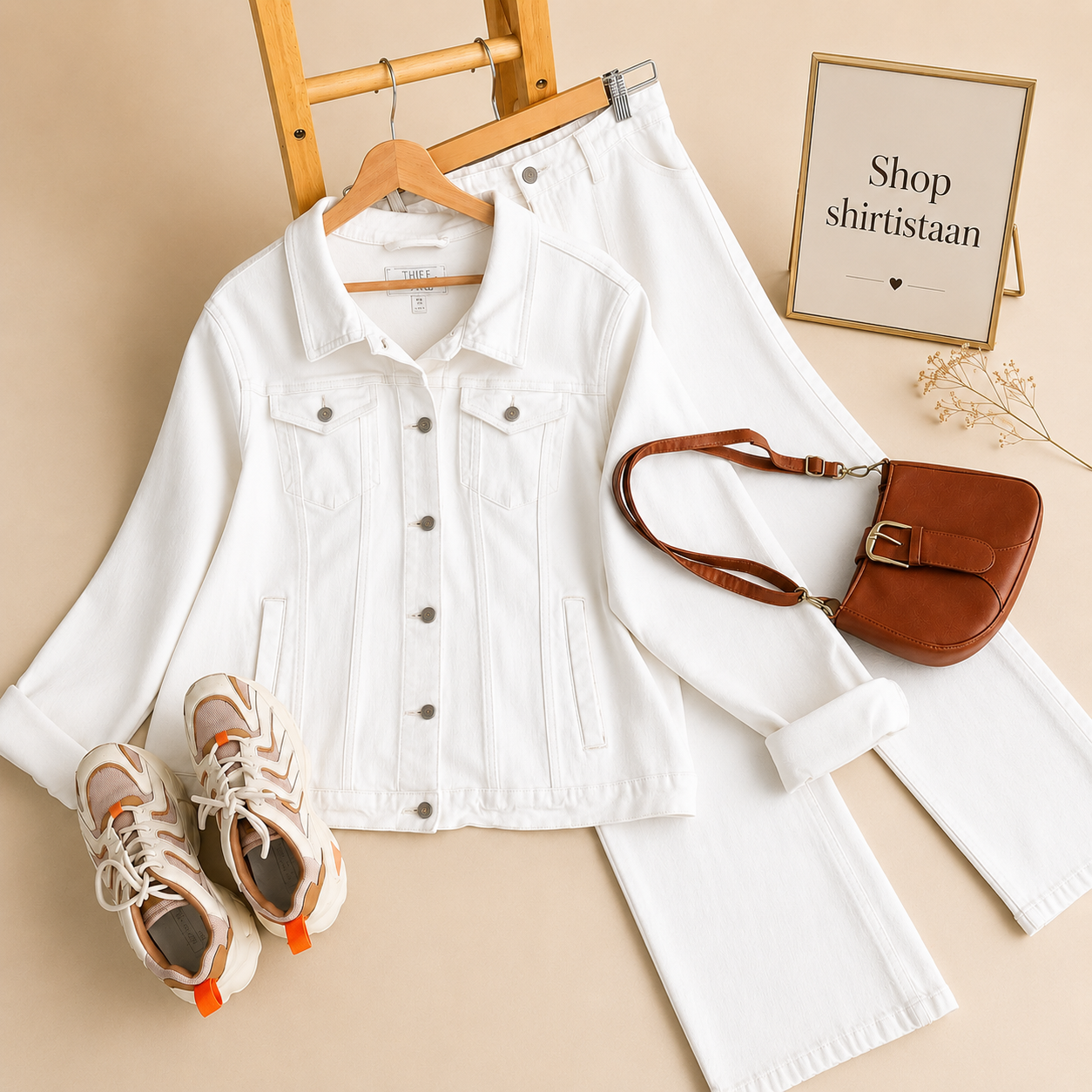 Basic White  Denim Jacket with Beige Wide leg Jeans