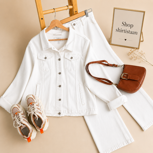 Basic White  Denim Jacket with White Wide leg Jeans