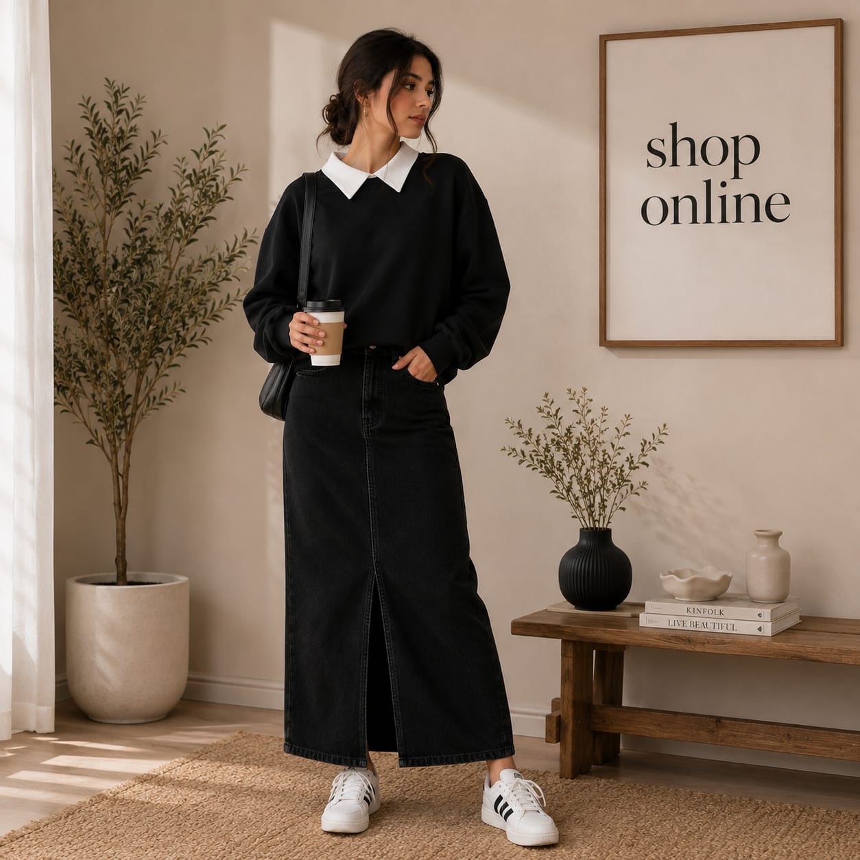 Black Collar Sweatshirt with Black Denim Skirt