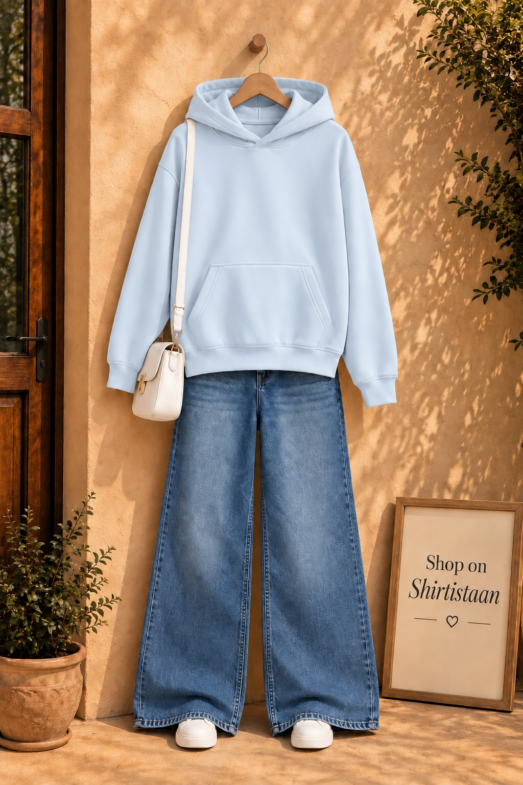 Cold Ice Hoodie with Dark Blue Wide Leg Jeans
