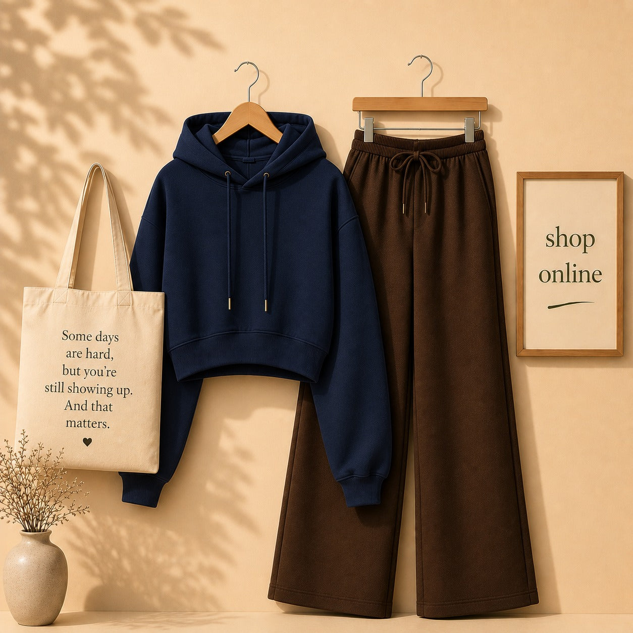 Basic Navy Blue Crop Hoodie with Brown Flapper