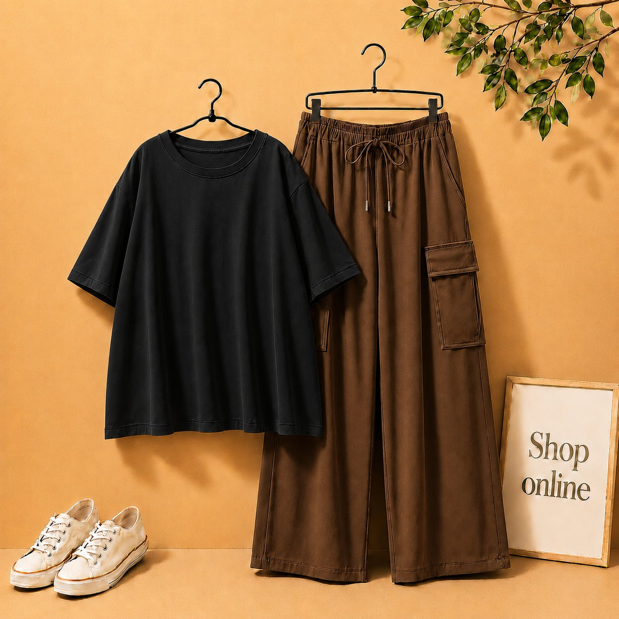 Black Drop Shoulder Tee with Brown Cargo Trouser