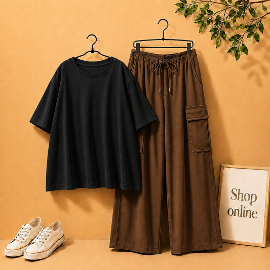 Black Drop Shoulder Tee with Brown Cargo Trouser