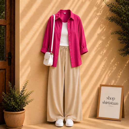 Hot Pink Button Down Shirt With White Tank top and Beige Flapper