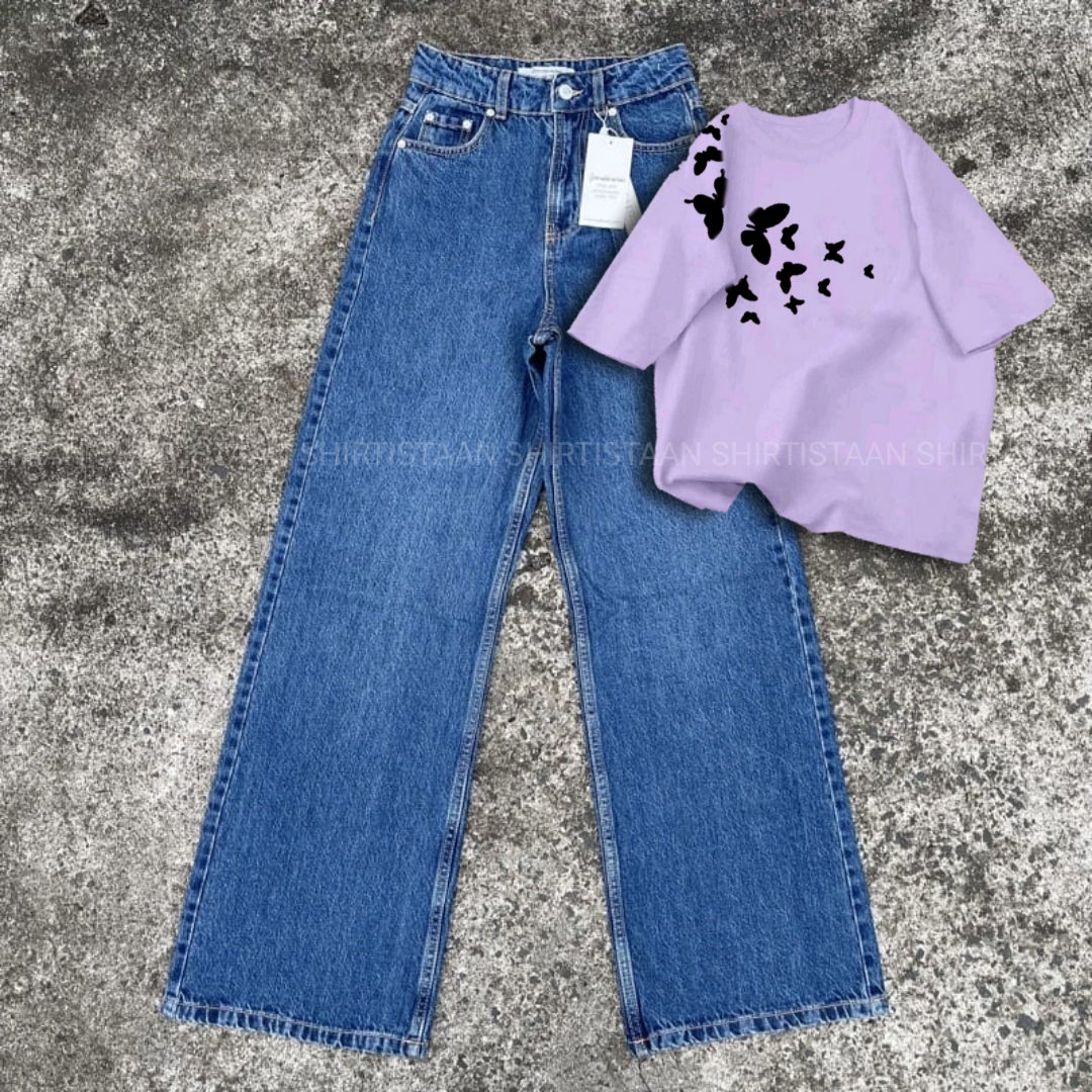 MID BLUE WIDE LEG JEANS LILAC TEE SHOULDER BUTTERFLY