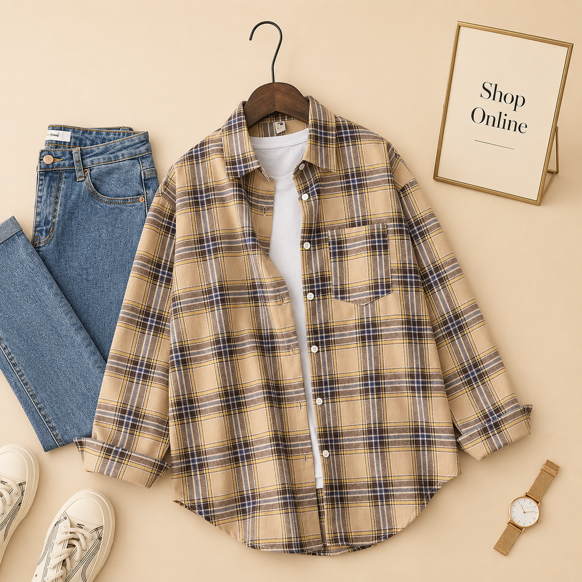 Beige Check Button Down Shirt