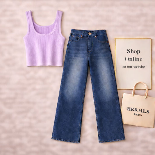 Lilac Tanktop with Mid blue wide Leg Jeans