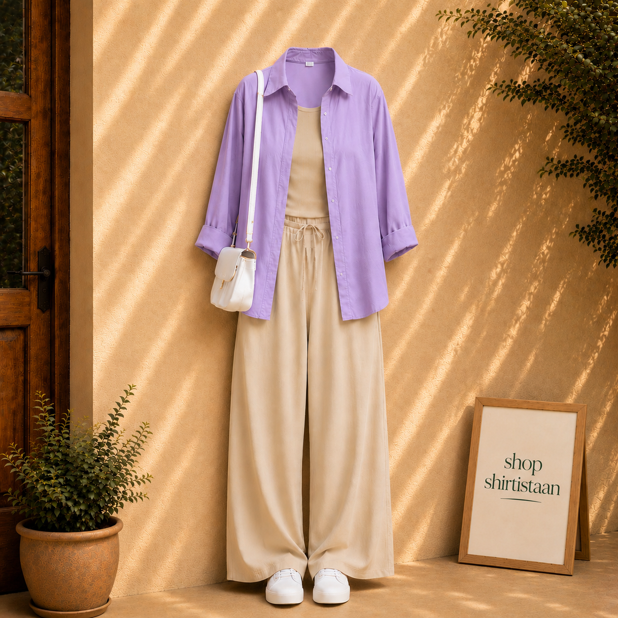 Lilac Button Down Shirt With Beige Tank top & Beige Flapper